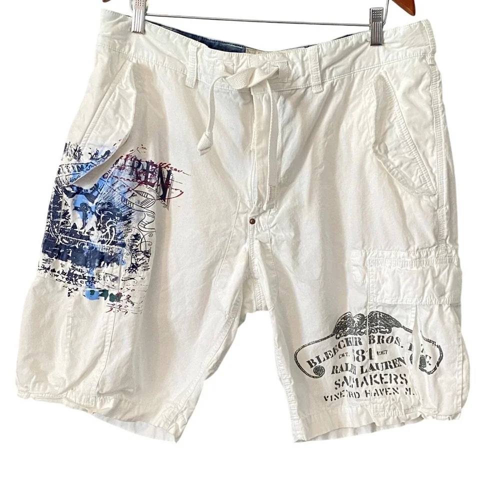 Vtg Polo Ralph Lauren Men White Marine Supply Co Nautical Graphic Cargo Short 36